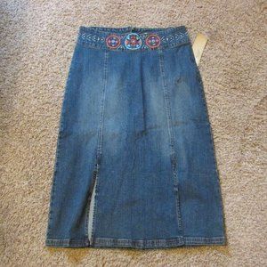 NWT Country Clothing 12 Blue Denim Beaded Waist Longer Skirt Front Slits
